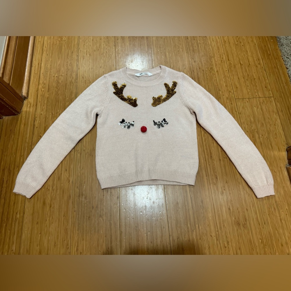 Baby Pink Reindeer Sweater With Color Reversible Sequins GIRLS (9-10)